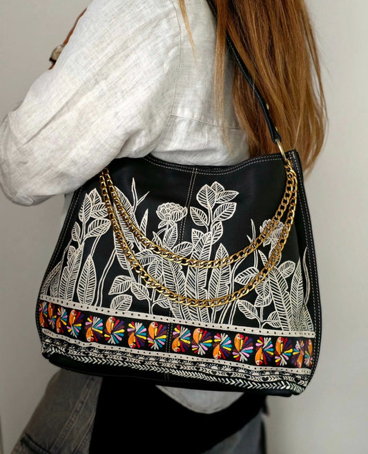 Large Leather Bag Black X Flowers