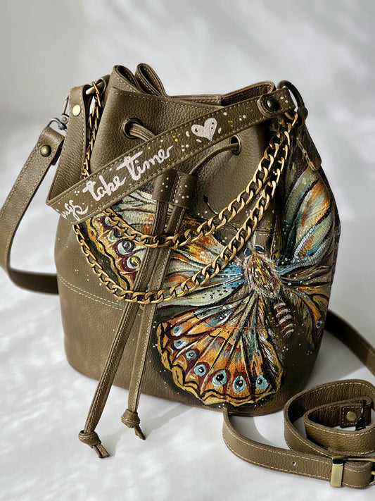 Leather Bucket Bag Olive X Butterfly