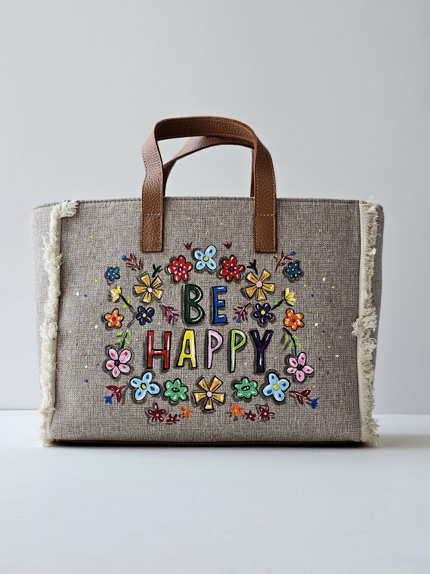 Beige Tote Bag Be Happy