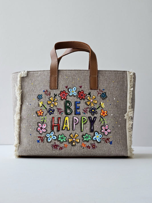 Beige Tote Bag Be Happy