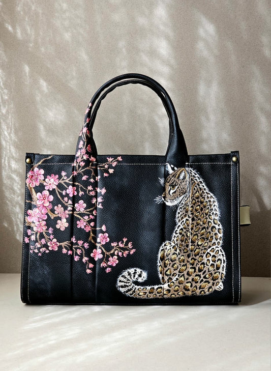 Leather Tote Bag Black X Leopard Blossom