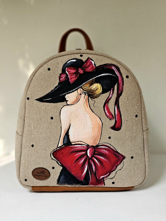 Fabric Mini Backpack Beige Red Ribbon