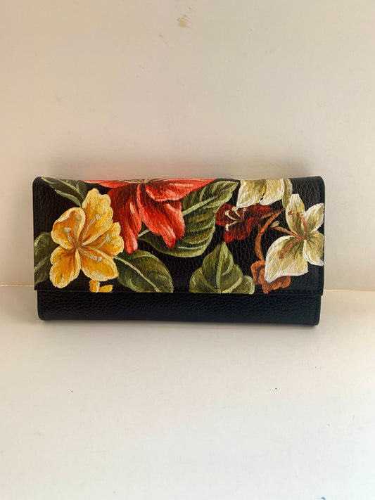 Leather Wallet Black X Colorful Flowers
