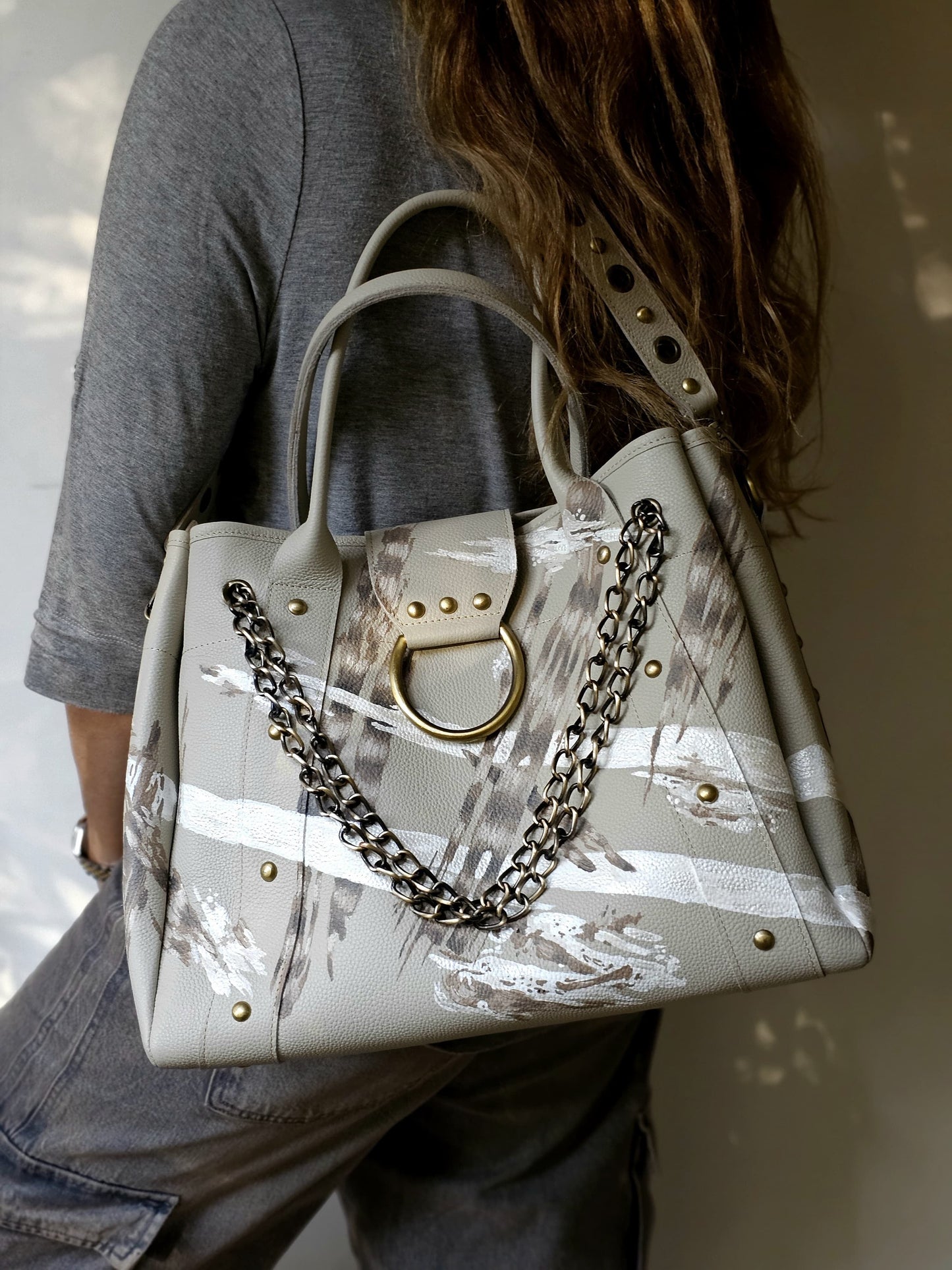 Leather Bag with Ring Beige X Stripes