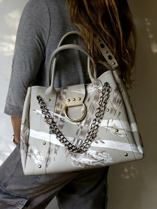 Leather Bag with Ring Beige X Stripes