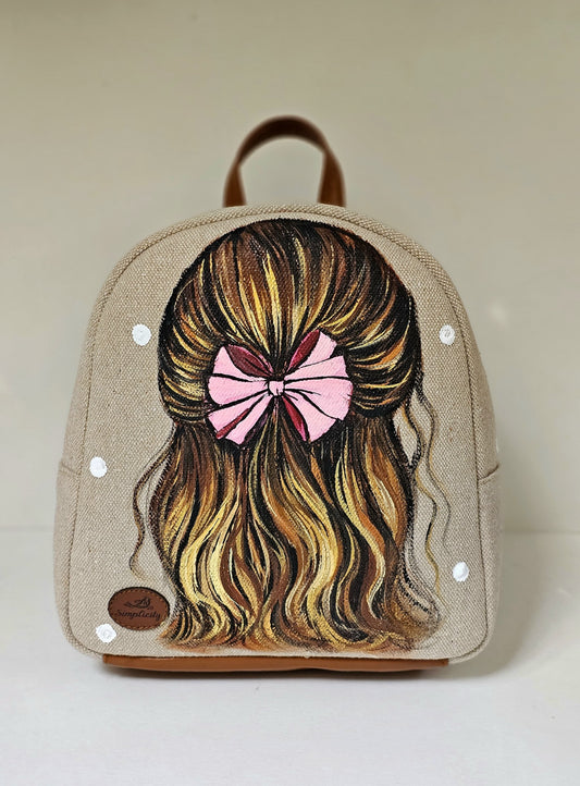 Fabric Mini Backpack Beige Pink Ribbon