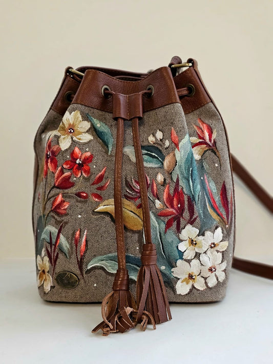 Fabric Bucket Beige X Colorful Flowers