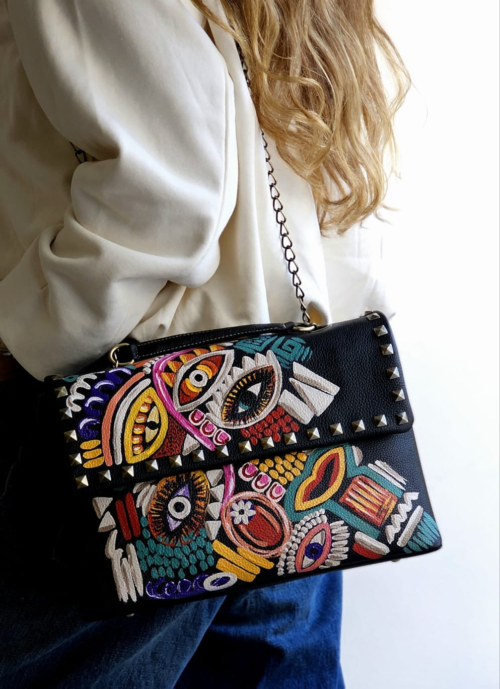 Rectangular Bag with Chain Black Base Eyes Design