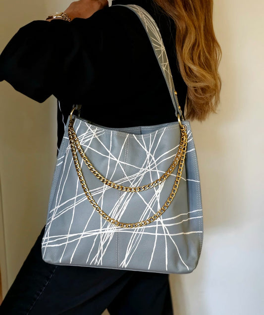 Large Leather Bag Grey X White