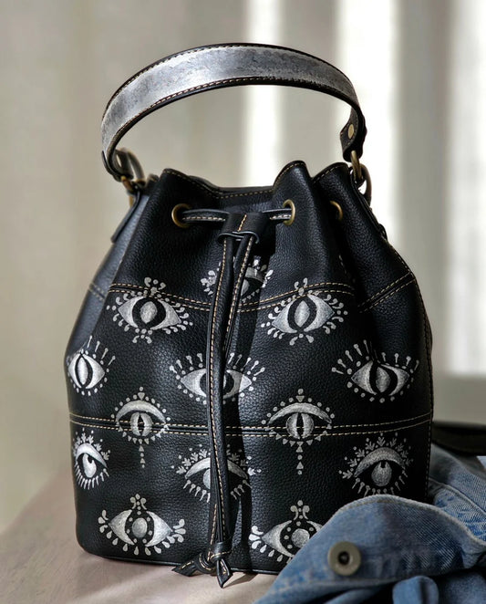 Leather Bucket Bag Black X White Eyes