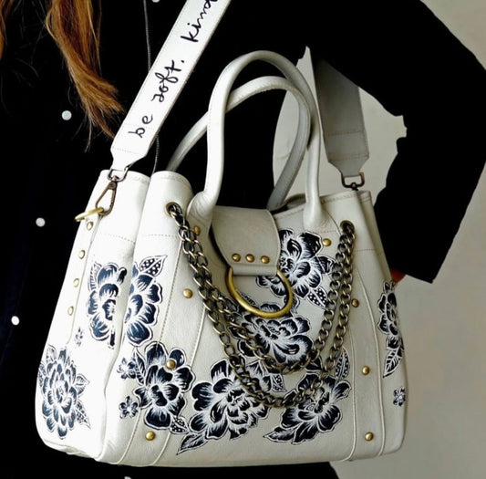 Leather Bag with Ring Beige X Black Flowers