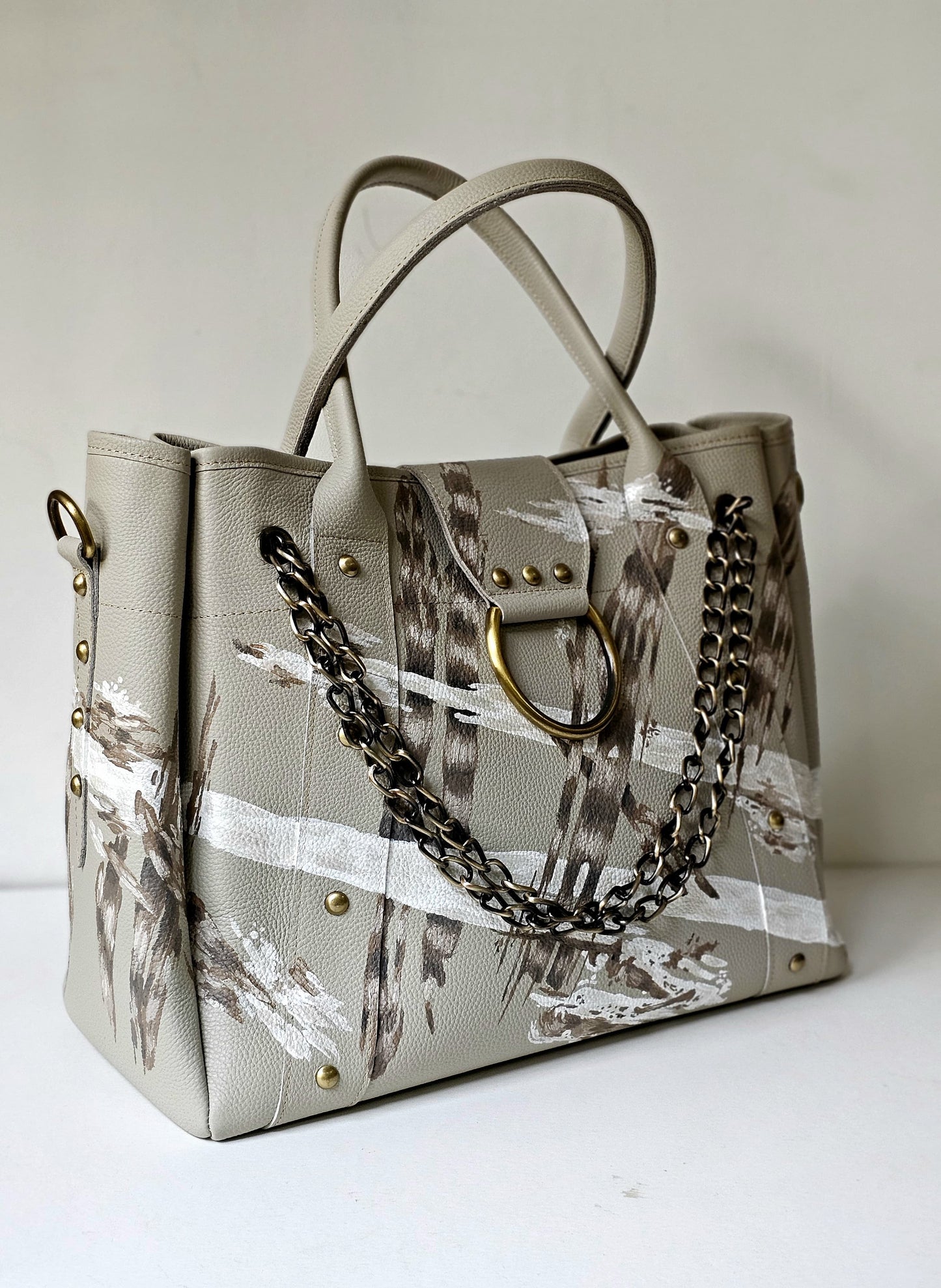 Leather Bag with Ring Beige X Stripes