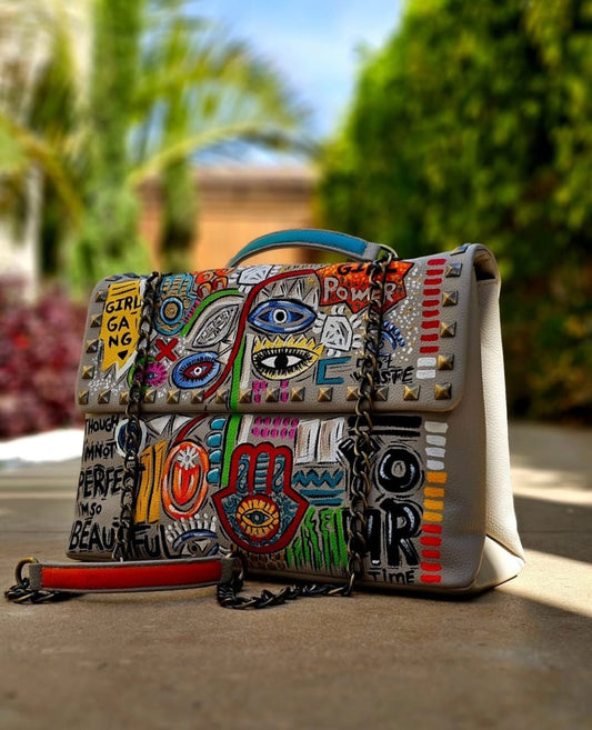 Rectangular Leather Bag with Chain Beige Base With Drawings