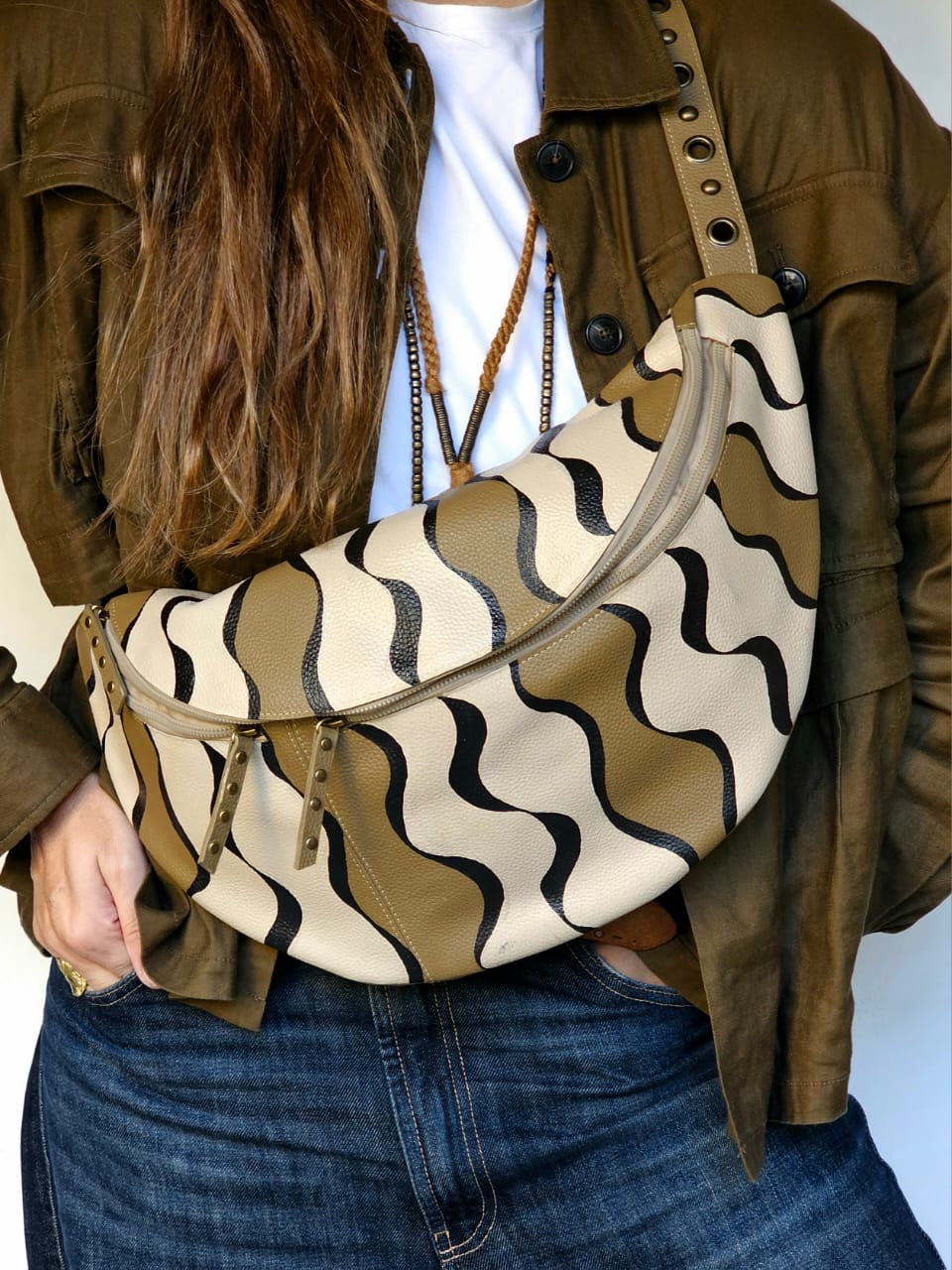 Leather Bumbag X Olive Waves