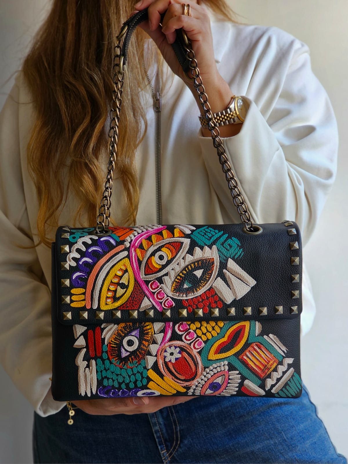 Rectangular Bag with Chain Black Base Eyes Design