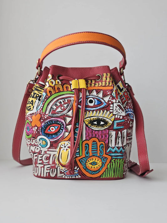 Leather Bucket Bag Red X Eyes Design