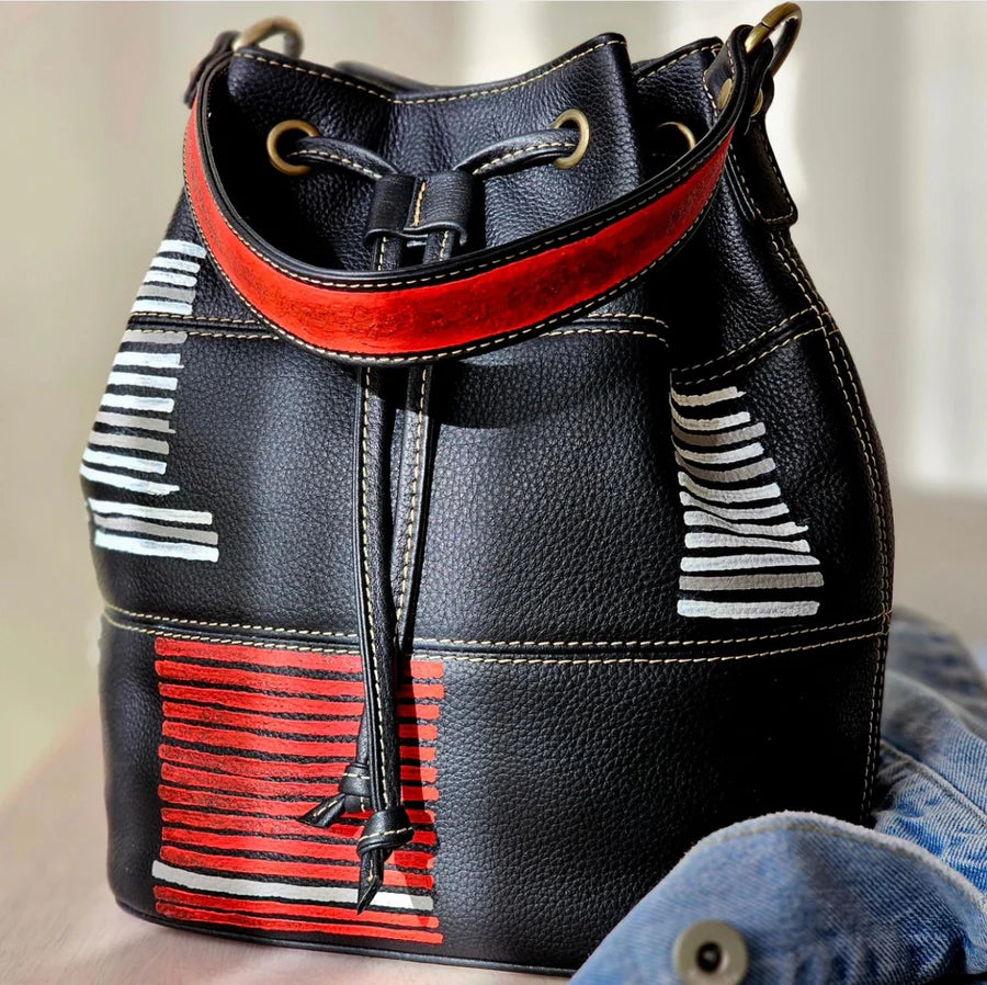 Leather Bucket Bag Black X Red X White