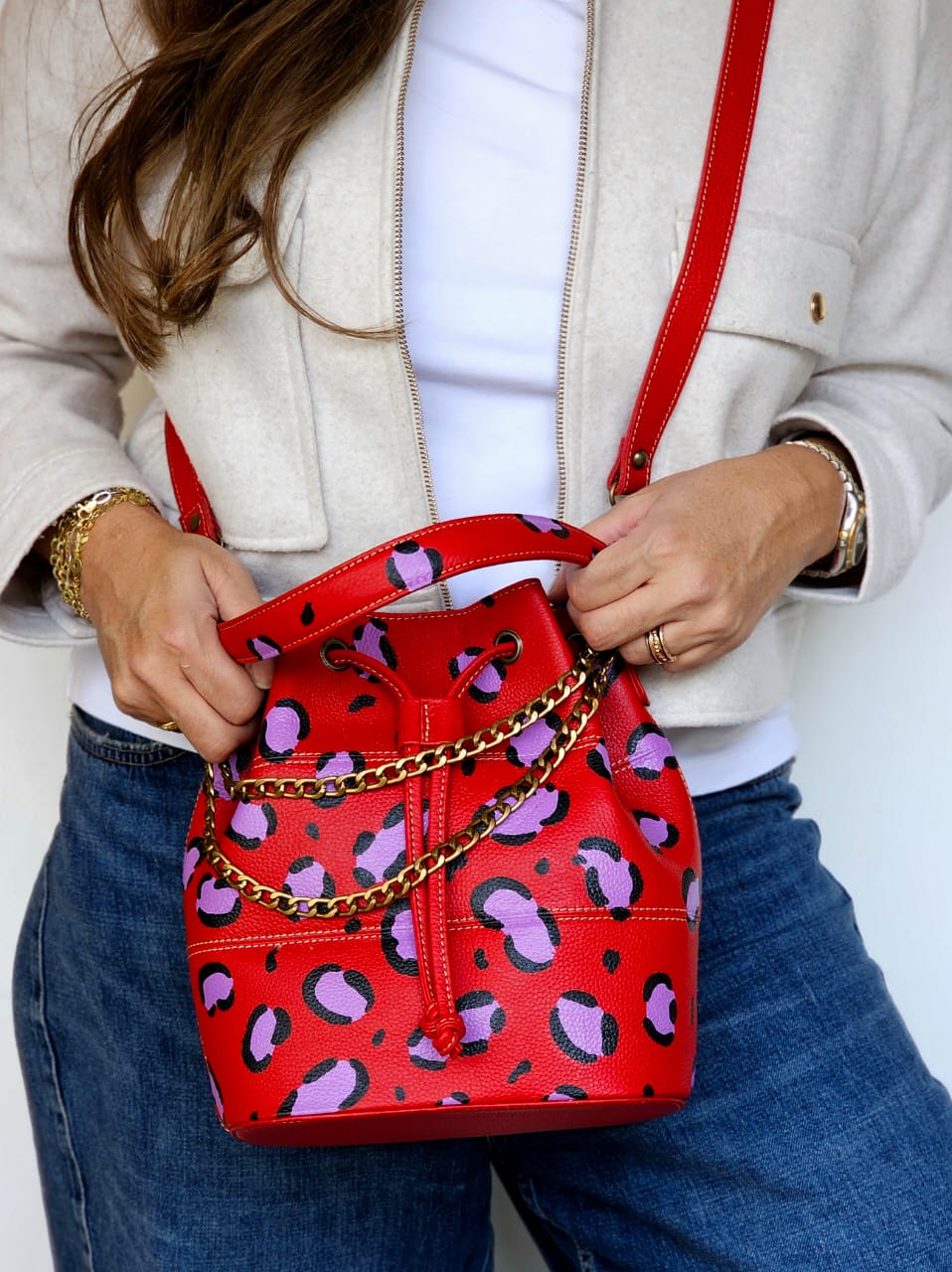 Leather Bucket Red X Purple