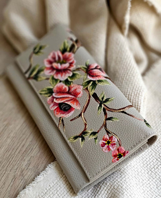 Leather Wallet Beige X Pink Flowers