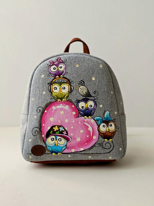 Fabric Mini Backpack Beige Birds