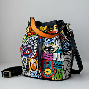 Leather Bucket Bag Black X Eyes Design