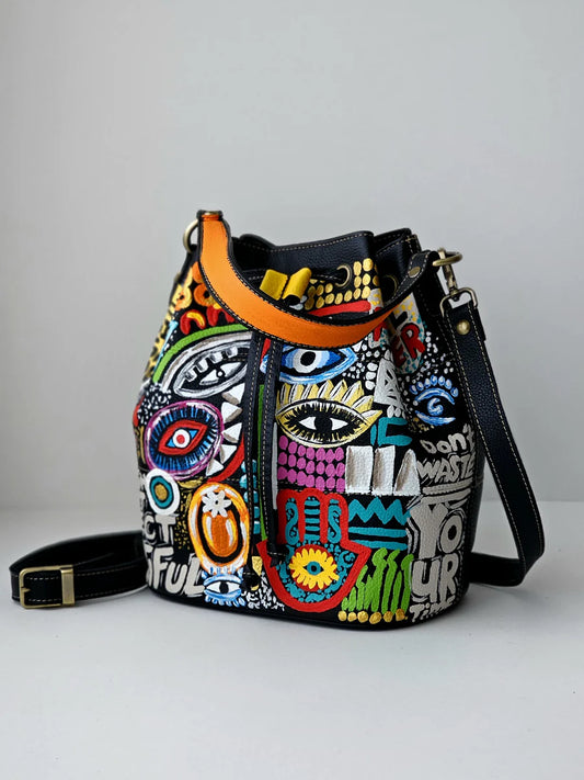 Leather Bucket Bag Black X Eyes Design