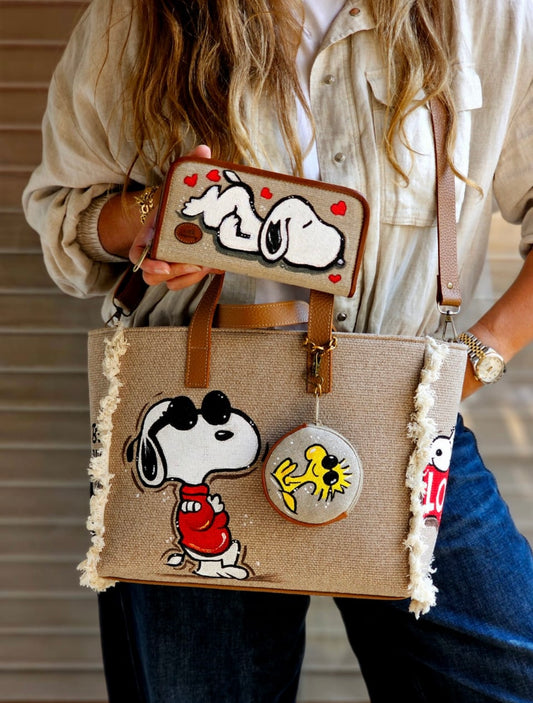 Beige Snoopy Tote Bag + Wallet