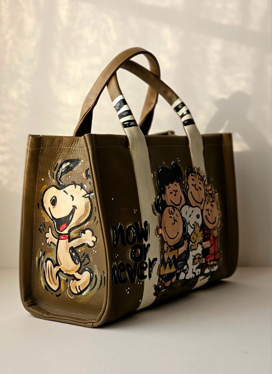 Leather Tote Bag Olive X Snoopy