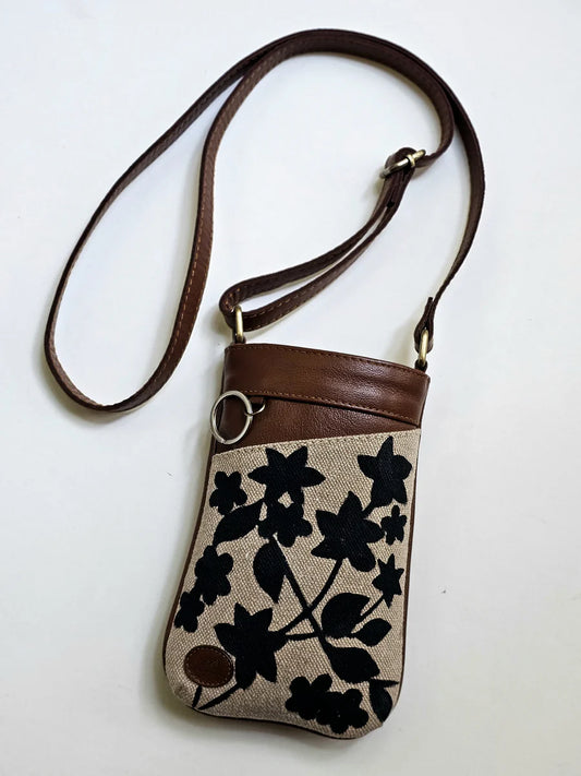 Mobile Cross Bag Beige X Black Flowers