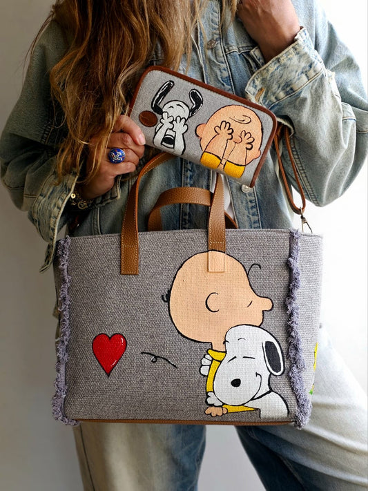 Grey Tote Bag + Wallet Snoopy & Charlie