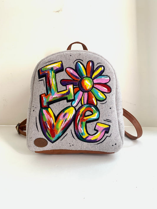 Fabric Mini Backpack Beige Colorful Love