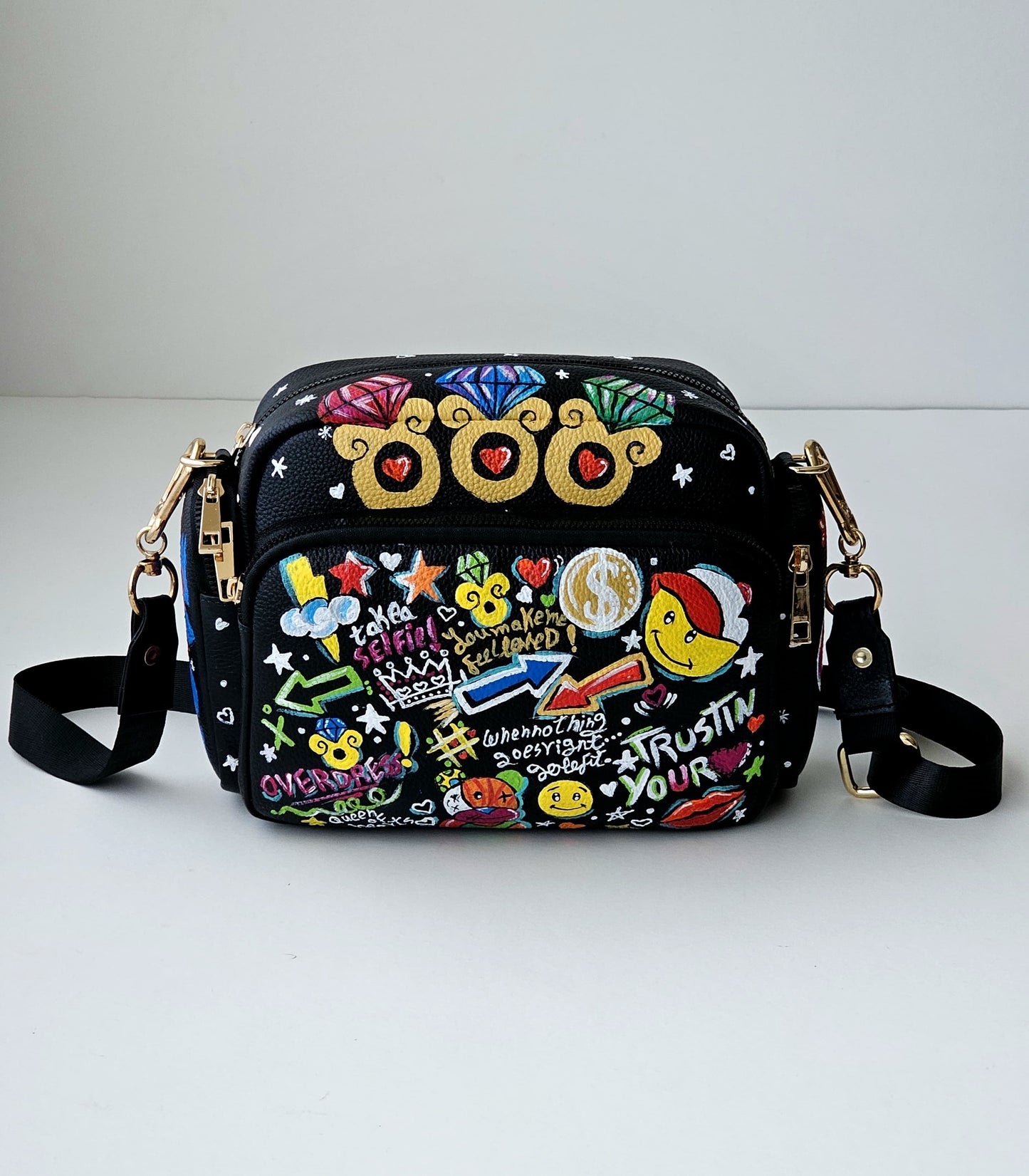 Leather Cross Bag Black X Colorful Graffiti