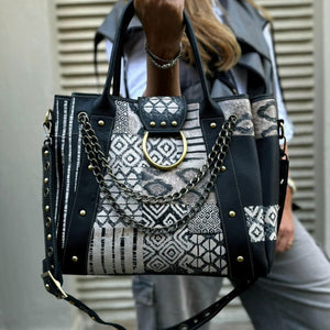 Leather Bag with Ring Black X Patterns