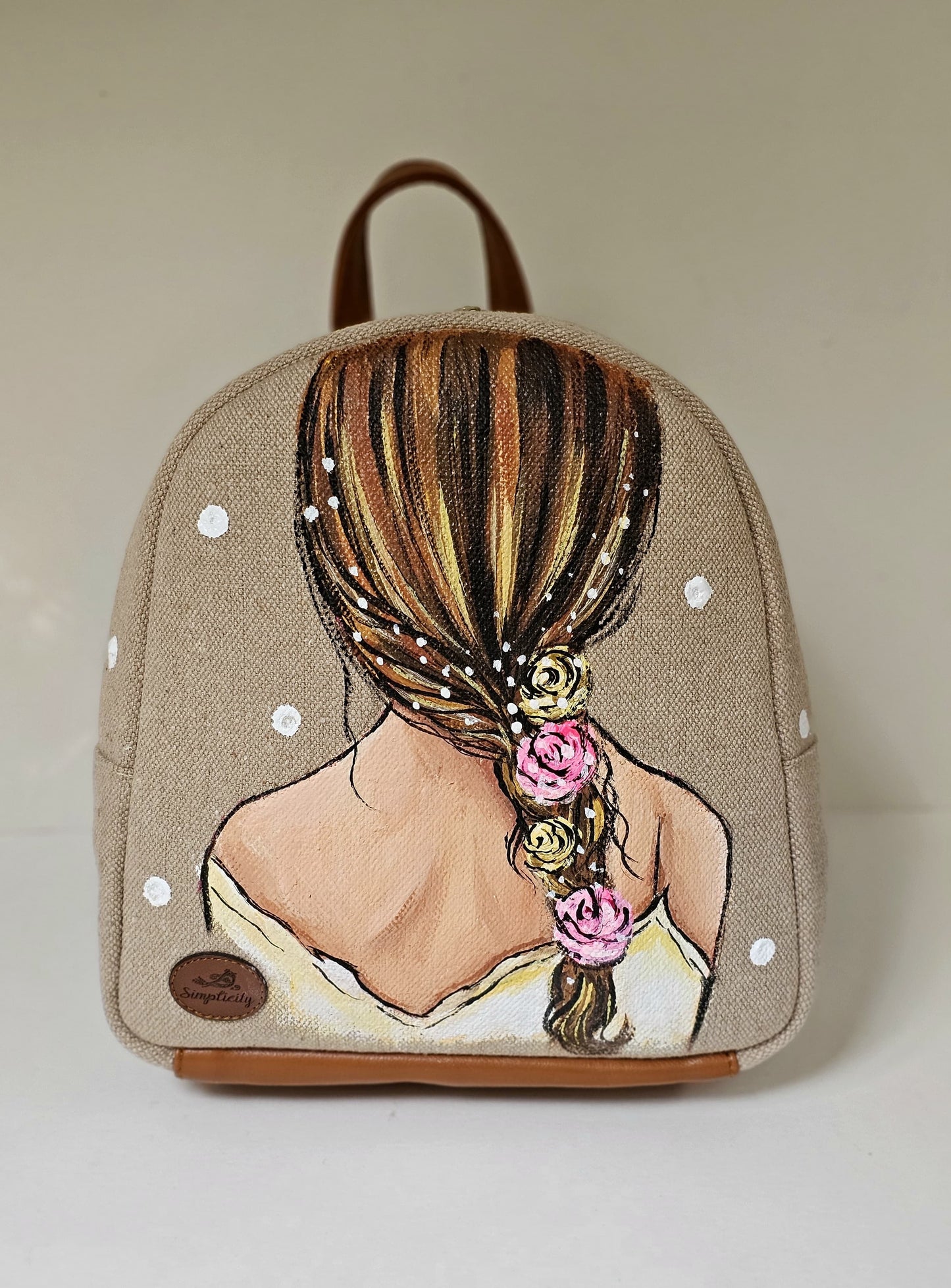 Fabric Mini Backpack Beige Flower Braids