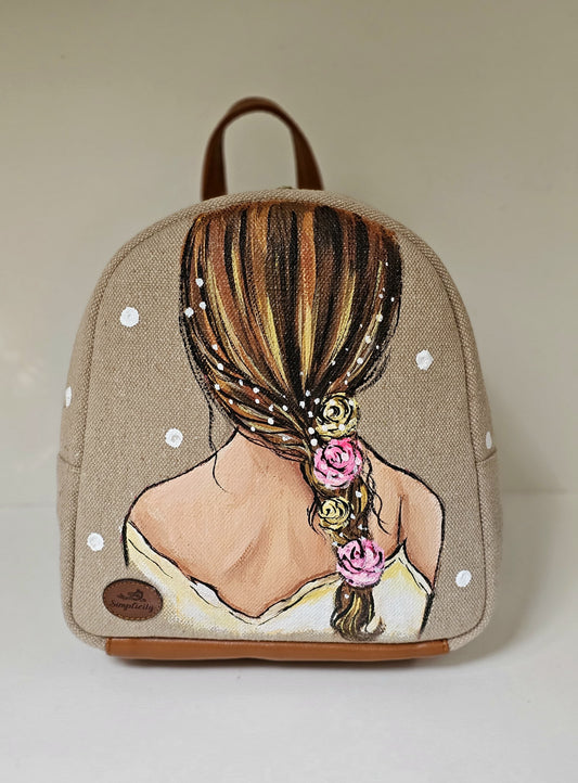 Fabric Mini Backpack Beige Flower Braids