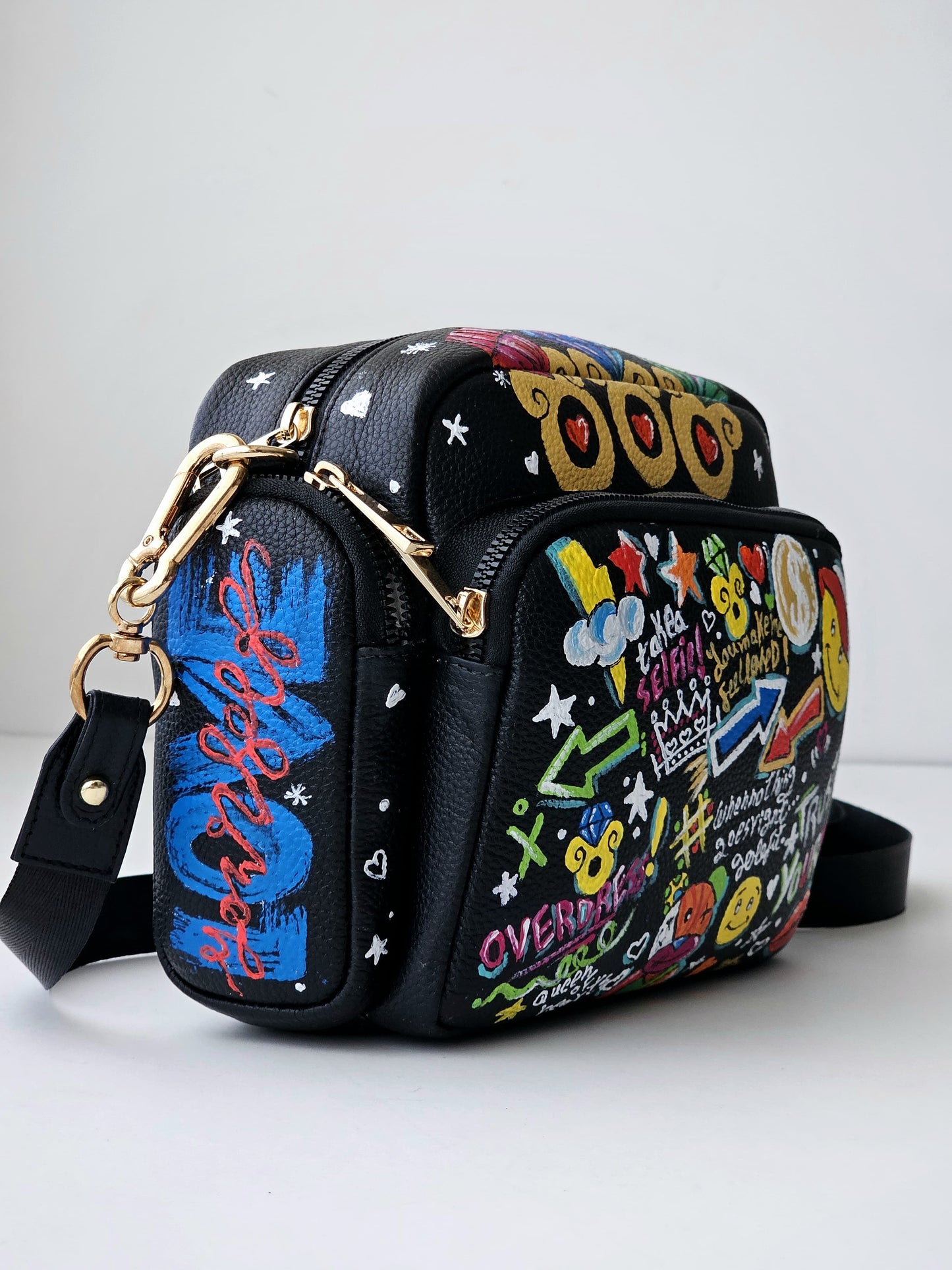 Leather Cross Bag Black X Colorful Graffiti