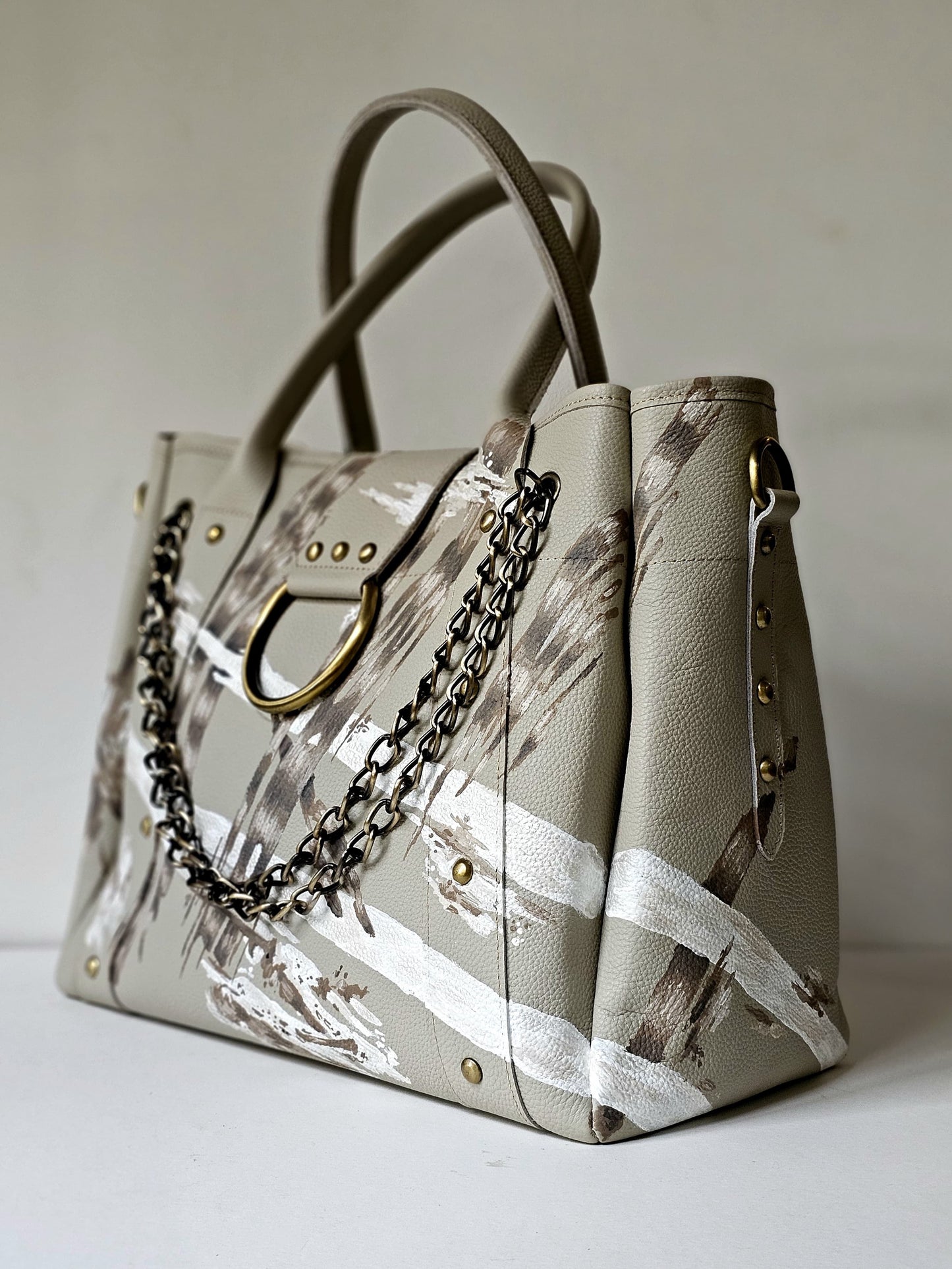 Leather Bag with Ring Beige X Stripes