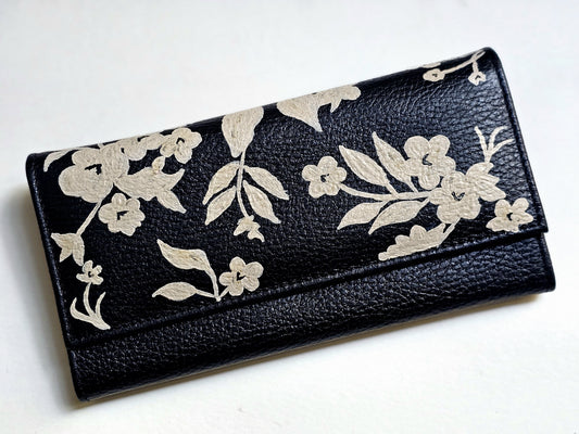 Leather Wallet Black White Flowers