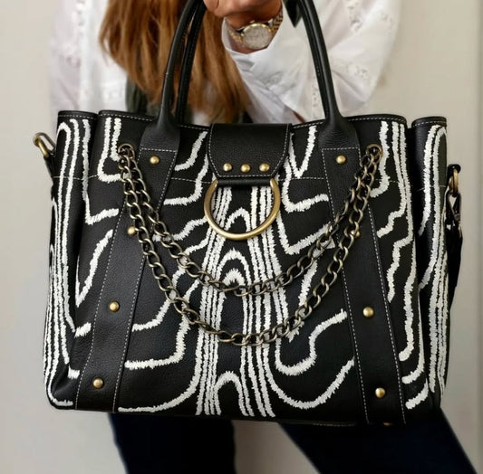 Leather Bag with Ring Black X White Stripes