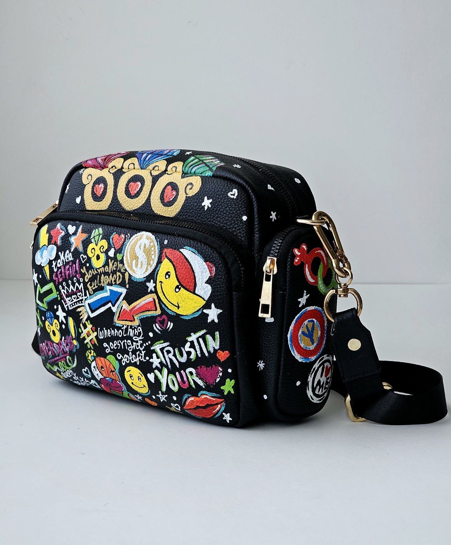Leather Cross Bag Black X Colorful Graffiti