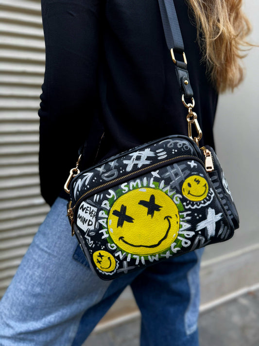 Leather Cross Bag Canvas Black X Yellow Smiley Face