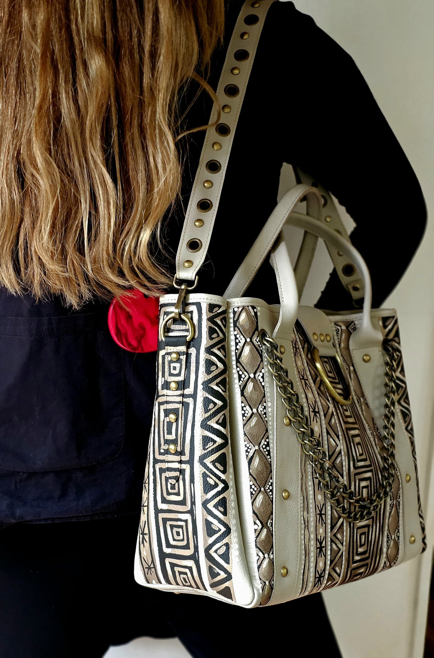 Leather Bag with Ring Beige X Brown X Black