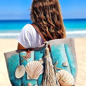 Beach Bag with Tassel X Offwhite Seashells