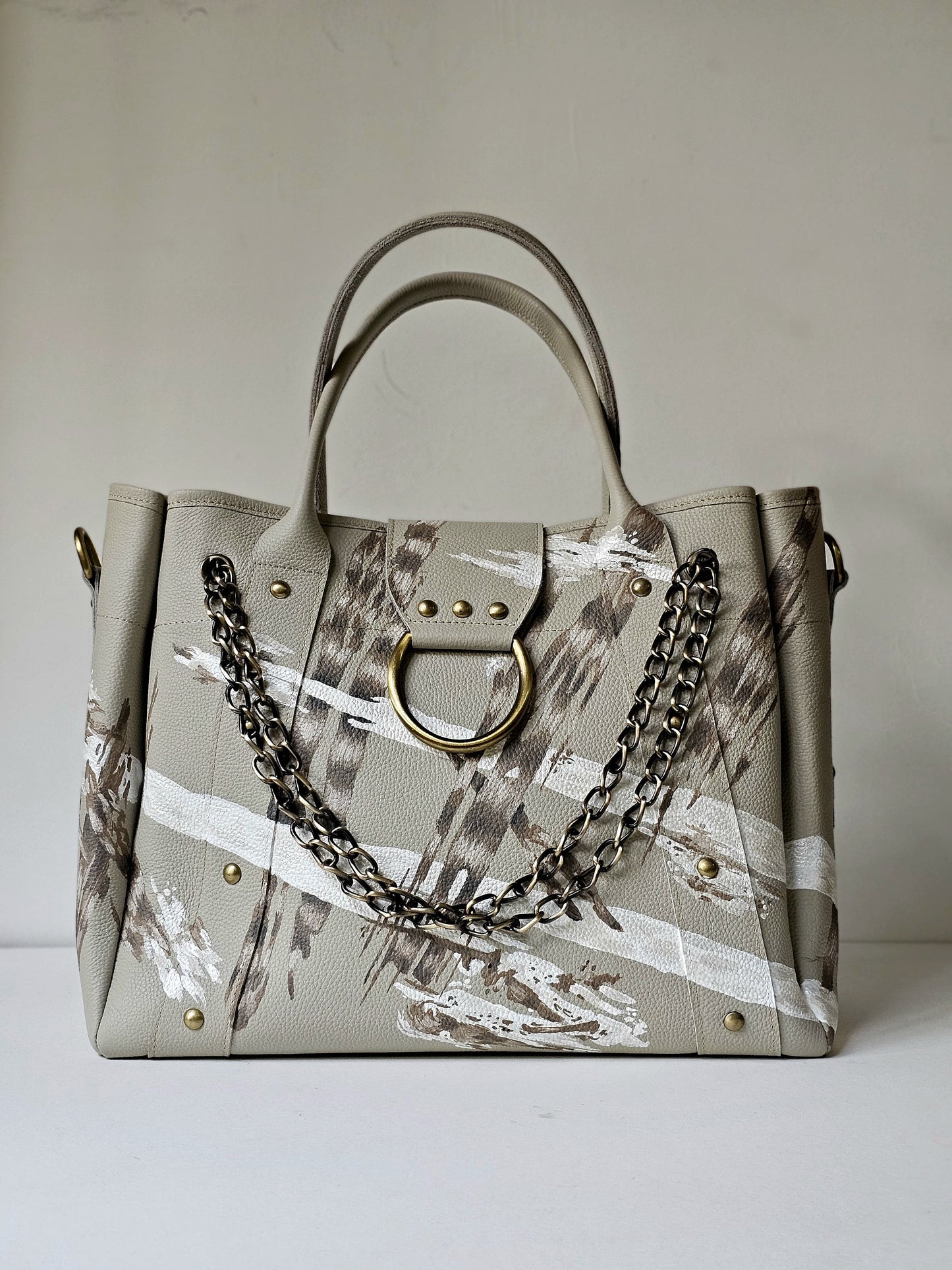 Leather Bag with Ring Beige X Stripes