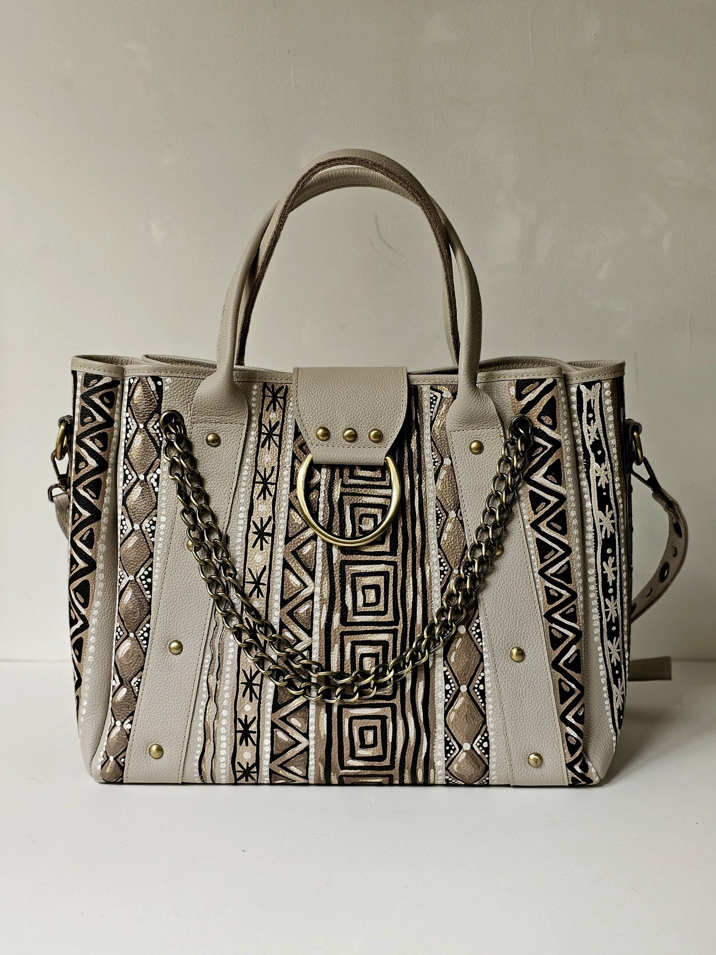 Leather Bag with Ring Beige X Brown X Black