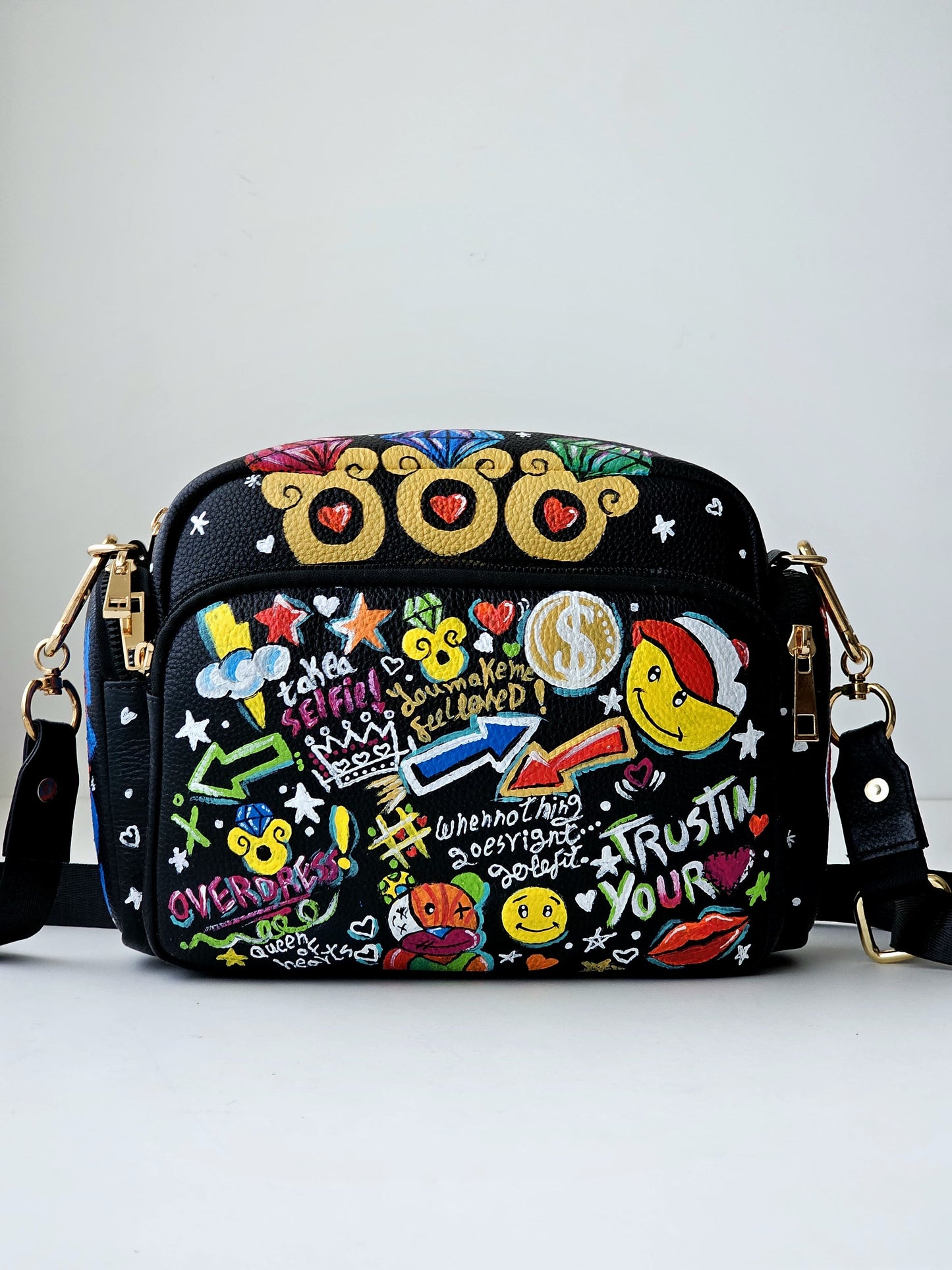 Leather Cross Bag Black X Colorful Graffiti