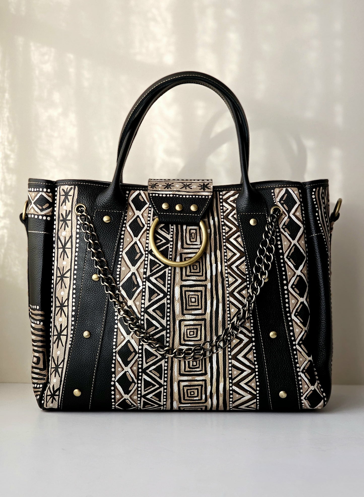 Leather Bag with Ring Black X Geometric