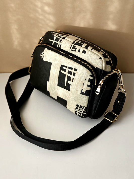 Leather Cross Bag Canvas Black X Creme