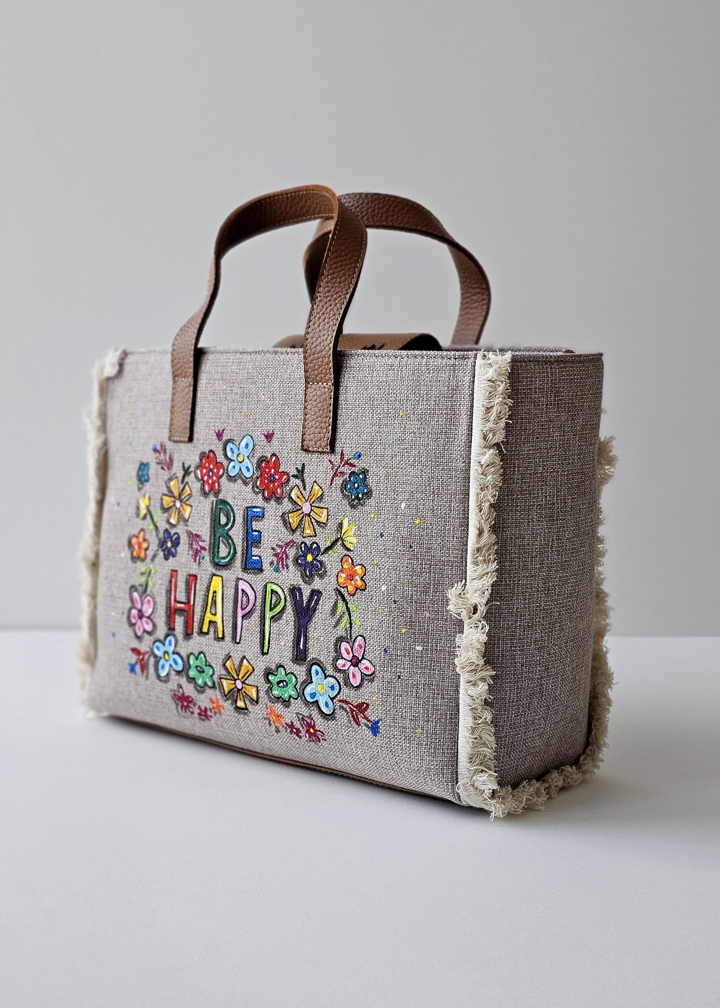 Beige Tote Bag Be Happy
