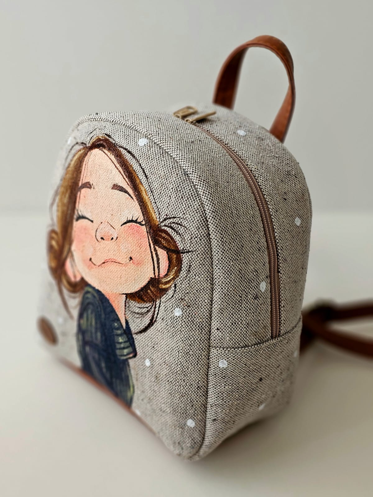 Fabric Mini Backpack Beige White Dots